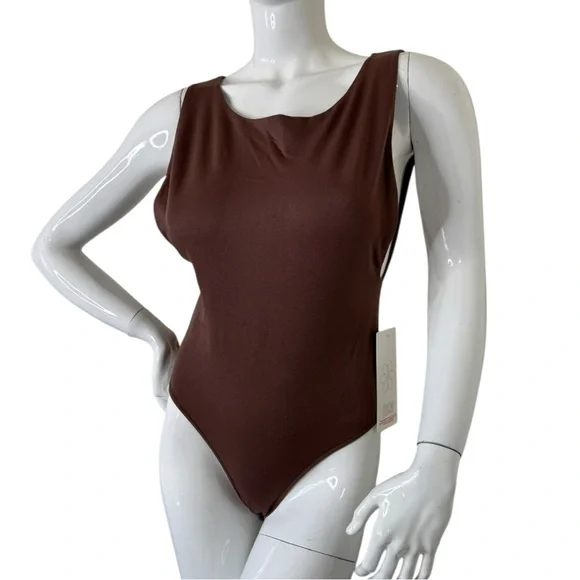 AURA Sleeveless Thong tank top Bodysuit ultra stretch deep chocolate brown L XL - Picture 15 of 17